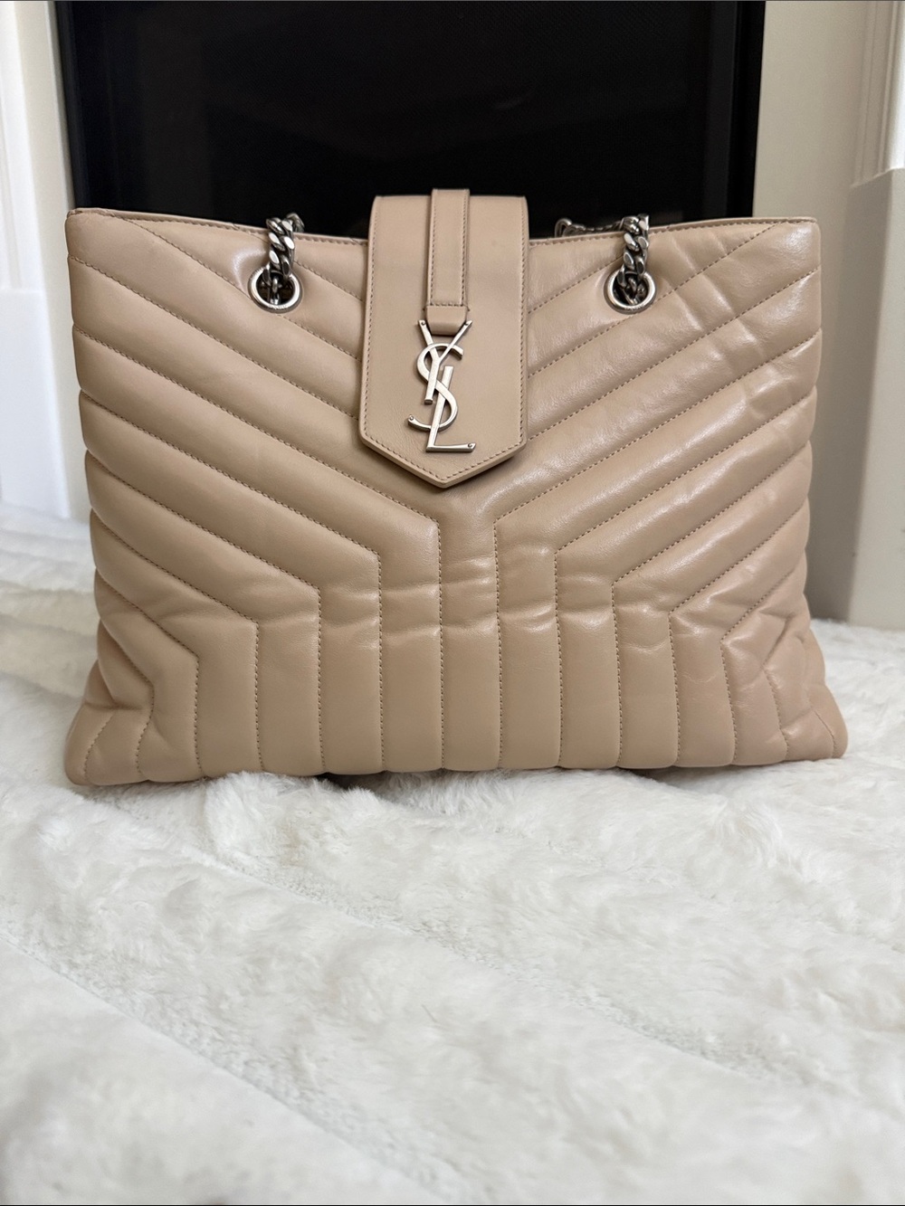 Saint Laurent Taupe Quilted Lou Lou Leather Tote with Silver Hardware